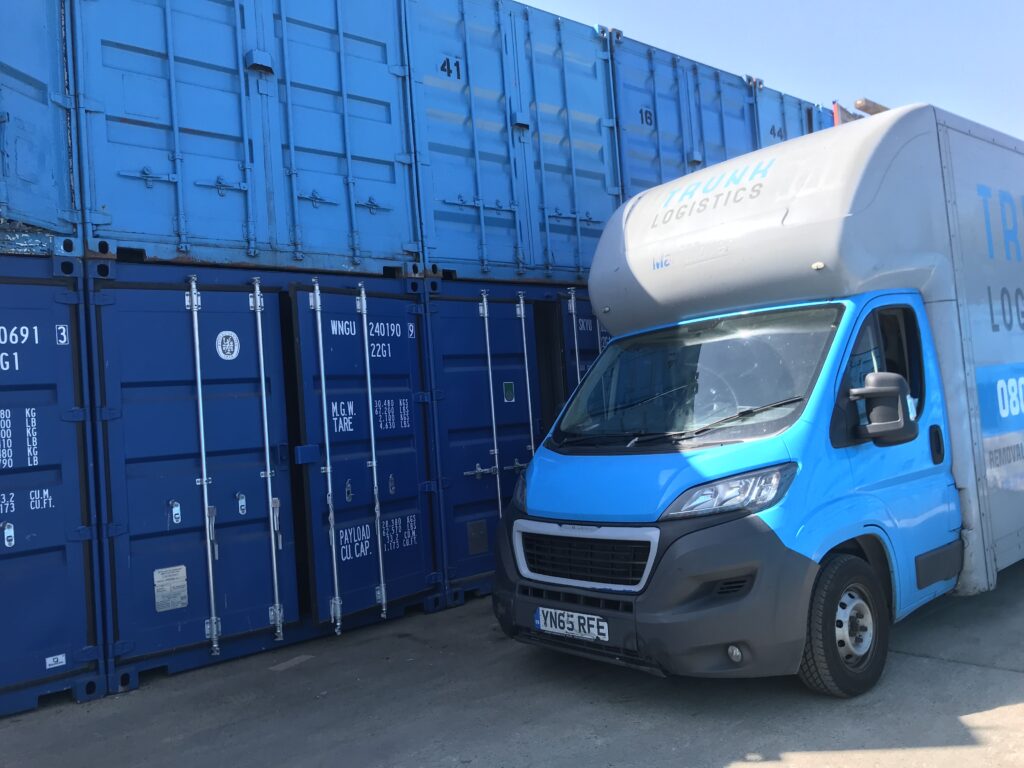 Secure container storage units and Trunk Logistics vehicle at Essex storage facility