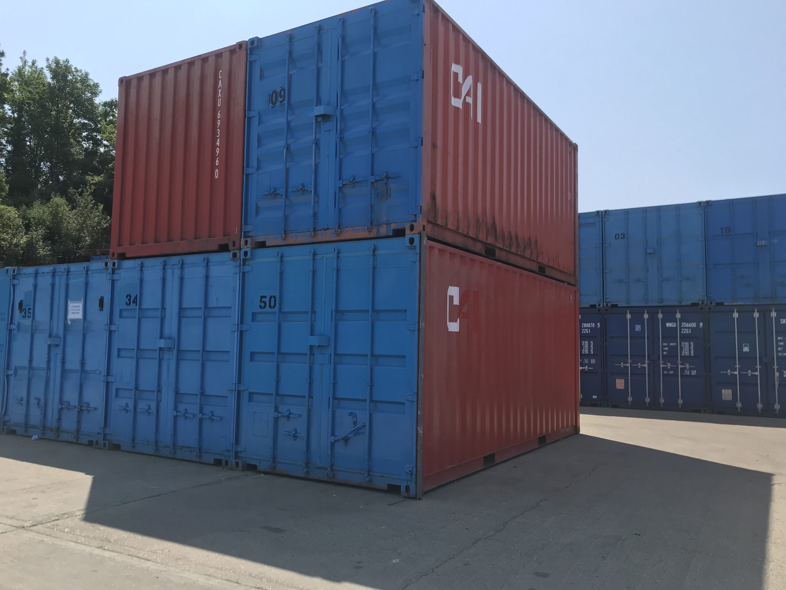 Rows of secure blue storage containers at Trunk Self Storage Grays Essex