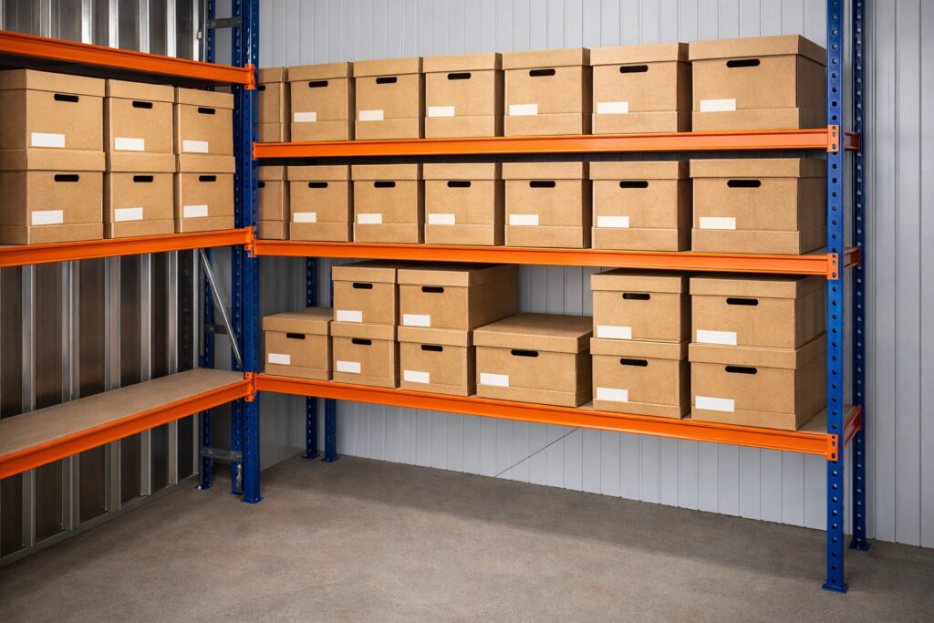 Document Archiving Business document archive boxes stored on secure shelving inside container storage unit
