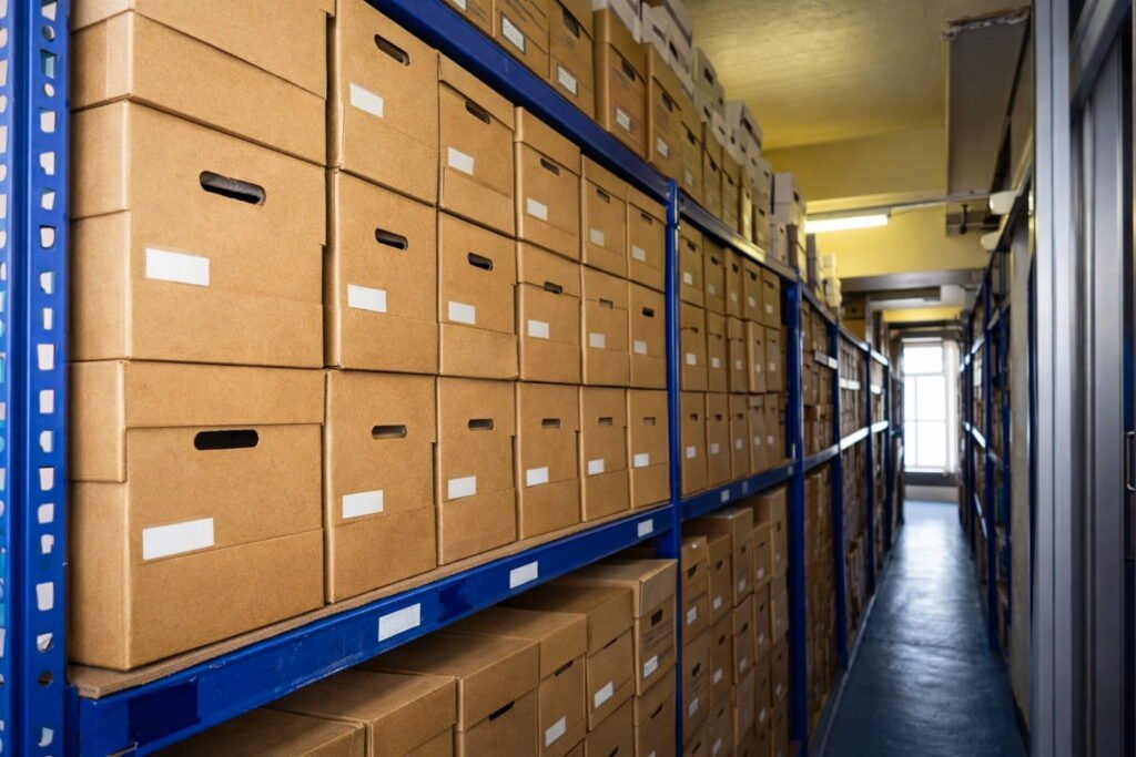 Secure document archive storage boxes organised on shelving in professional UK warehouse