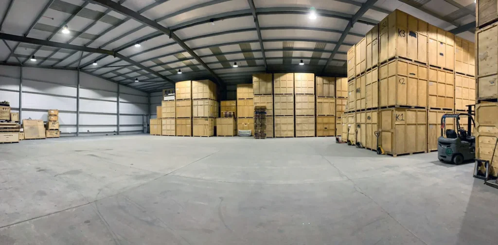 Warehouse Storage South Essex Commercial warehouse interior in Grays Essex showing available floor space and wooden storage crates with forklift — 37 minutes from East London via the A13